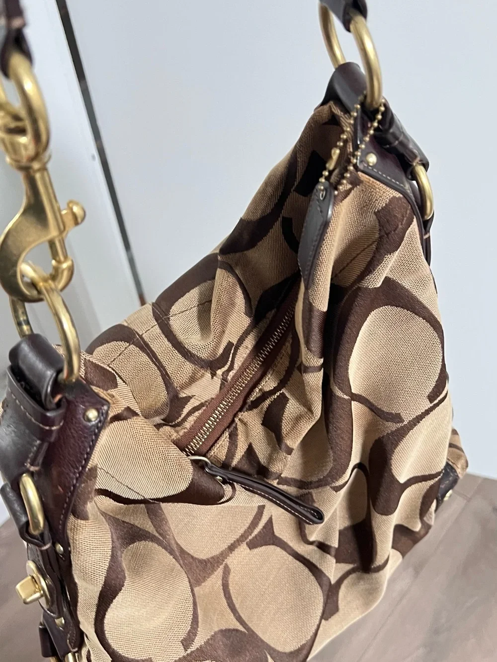 Coach Brown Signature Canvas Hobo Shoulder Bag with Dark Brown Trim